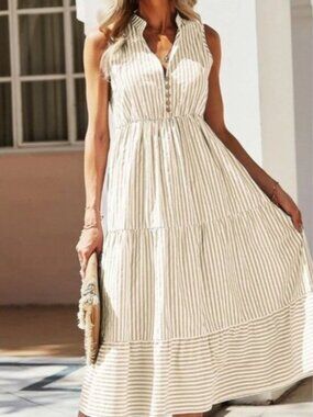 Multicolor Boho Womens Striped Print Notched Neck A-line Dress